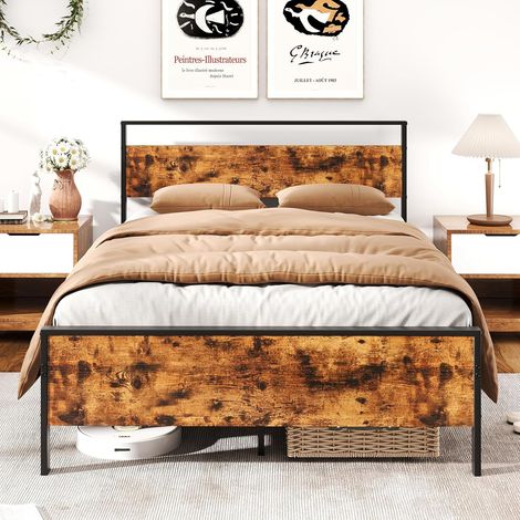 GOPLUS Cadre de Lit Double 140x200CM, Lit Plateforme à Cadre Métallique Industrielle avec Tête en Bois, Lattes en Métal, Rangement, Pas Besoin de Sommier à Ressorts, Charge 360 KG (1/5)