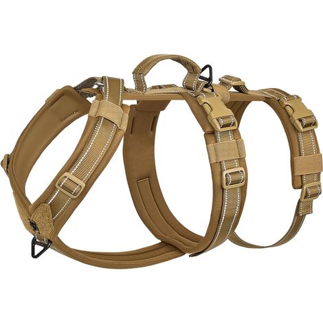 Harnais tactique pour chien - Anti-fuite - Réglable - Rembourré - Avec 1 poignée, 2 anneaux en D et réfléchissant - Marron - Taille L (1/5)