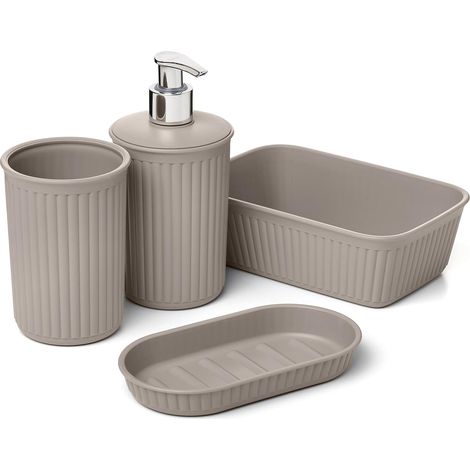 1 - Ensemble Accessoires Salle De Bain - Gobelet Distributeur Porte-Savon Organisateur - Design Minimaliste Sans BPA Pour Comptoir - Taupe - Divers Tailles