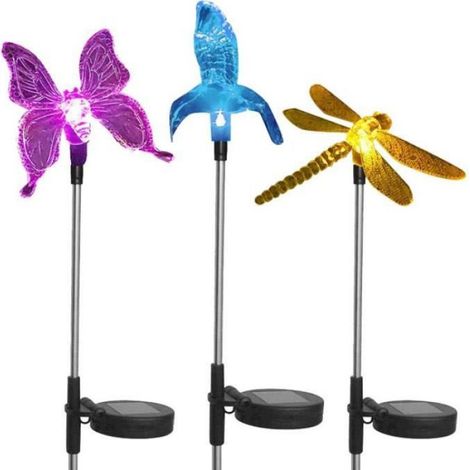Lampe Solaire de Jardin - Papillon Colibri Libellule - LED Multicolore Changeante - Éclairage Automatique Extérieur - 3 Pièces (1/4)