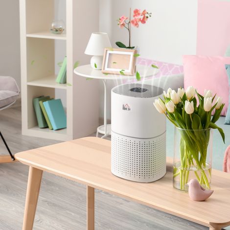HOMCOM Purificateur d'air HEPA. Ioniseur. CADR 225m³/h mode de veille silencieux 50W minuterie 4 vitesses - dim. 22L x 22l x 36H cm - blanc (1/5)