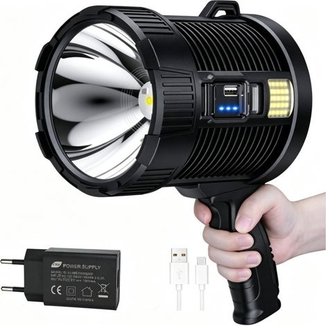 Lampe torche LED rechargeable 15000 lumens – 6 modes – étanche IPX4 – batterie 10800mAh – portée jusqu'à 800 mètres - 20000mAH
