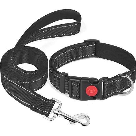 Collar para perro, collar clásico ajustable de nailon reflectante con acolchado de malla suave y transpirable para cachorros y perros medianos, talla M, negro. (1/5)
