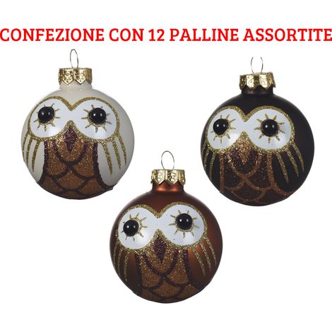 12 PALLINE DI NATALE 6 CM GUFETTI BIANCO LANA/CIOCCOLATO/CARAMELLO ASSORTITE