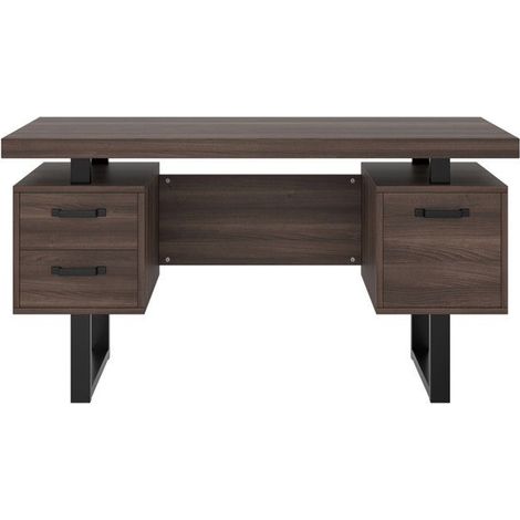 Bureau - 135x54 cm - MDF et acier - 2 tiroirs silencieux - Design contemporain marron (1/5)