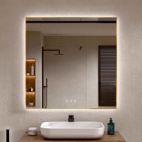 BELLOBATH – Badezimmerspiegel mit LED-Leuchte am Rand, verstellbares Licht in 3 Farben und Intensität, Beschlagsicherung, goldener Aluminiumrahmen – 70 cm hoch x 60 cm breit
