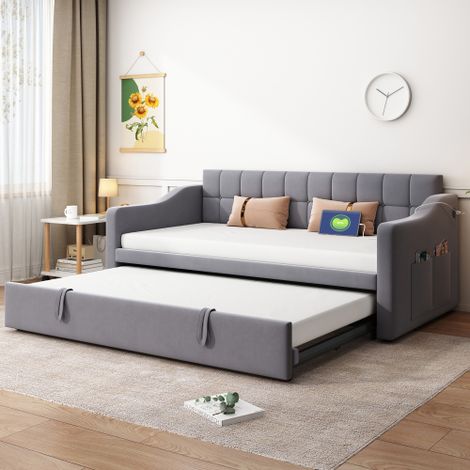 Lit banquette rembourré 2 en 1, canapé-lit multifonction 90/180 cm en velours gris, avec prise intégrée et poche de rangement (1/5)