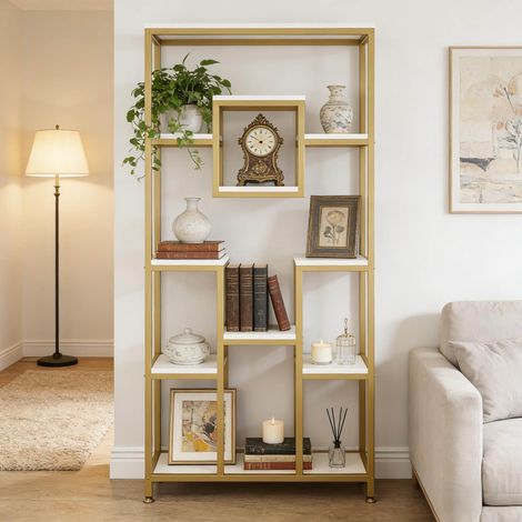 MEUBLIV Bücherregal offene geometrische Regalwand Gold Weiß mit 11 Fächern freistehend (1/5)