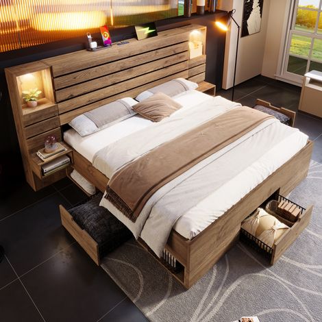 Cama doble 180x200 cm roble en MDF y metal con LED, USB-C, mesillas flotantes y cajones (1/5)