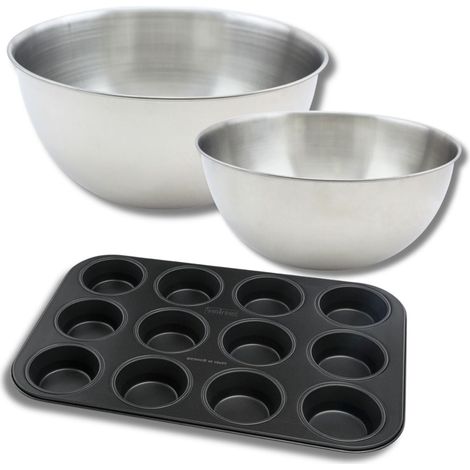 Lot comprenant 1 Moule à Muffins 12 empreintes, 1 spatule Zenker et 2 bols à mixer en inox Fackelmann (1/5)