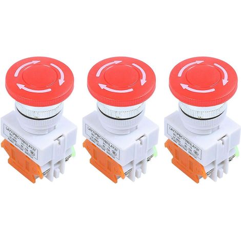3 boutons-poussoirs d'arrêt d'urgence à capuchon champignon rouge, 1NO, 1NC, DPST, 660 V CA, 10 A (1/5)