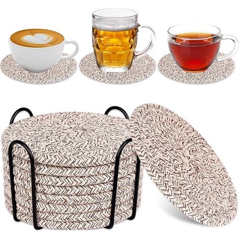 Ensemble de 8 sous-verres (avec support de rangement), absorbants, pour tables basses, ensemble minimaliste en coton tissé (1/5)