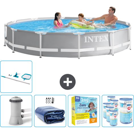 Intex Round Prism Frame Swimming Pool – 366 x 76 cm – Grau – Inklusive Zubehör CB28