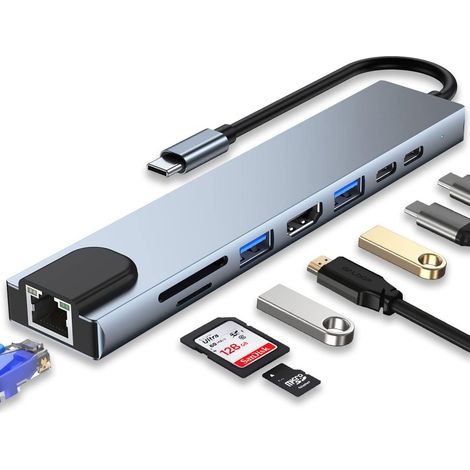 Adaptateur USB C 8-en-1 - HDMI 4K - Alimentation PD 100 W - Port Ethernet RJ45 100 Mbit/s - Lecteur Carte SD/TF - Ports USB 3.0 et USB C - Pour Ordinateur Portable USB C - 1 Pièce (1/5)