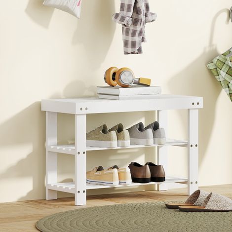 Banc à chaussures en bambou avec 2 étagères, banc de rangement, pour entrée, 70 x 28 x 45 cm, blanc (1/5)