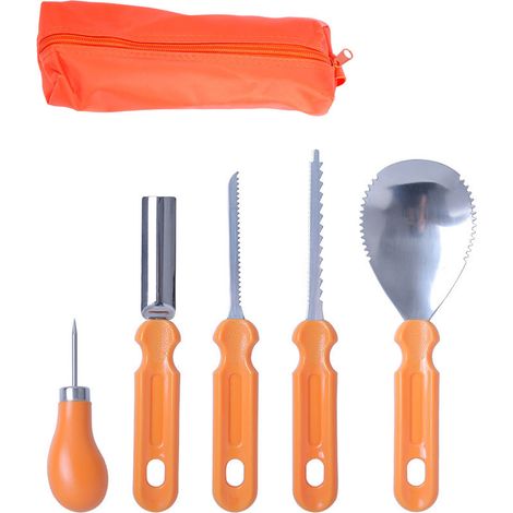 (5 Pièces) Kit de Sculpture de Citrouille Halloween Sculpter Facilement avec Couteaux en Acier Inoxydable et Grattoirs, pour Jack-o-lanterns (1/5)