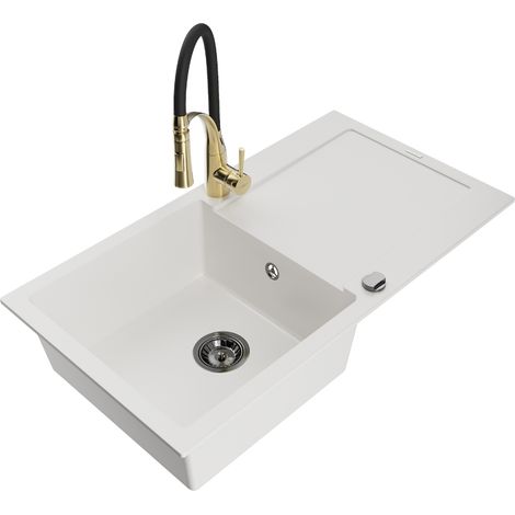 Mexen Leo évier en granit 1 bac avec égouttoir et robinet de cuisine Aster, blanc - 6501-20-73450-57-B (1/5)