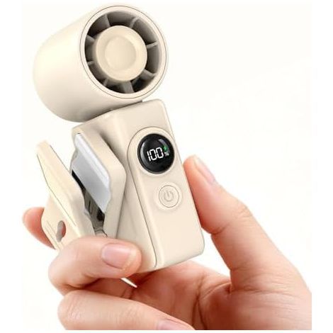 Tragbarer Handventilator, Mini Ventilator Aufladbar mit Rotierbarem Clip, LED Digitalanzeige, 4 Stufen 13500RPM, 2400mAh Akku Kleiner USB Tischventilator für Reisen (Beige) (1/5)