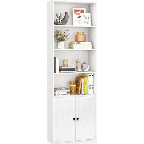 Bibliothèque avec Portes et 4 Compartiments Ouverts, étagère de Rangement de 180 cm de Haut, pour Cuisine, Salon et Chambre à Coucher, Blanche (1/5)