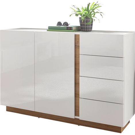 Anrichte mit 2 Türen und 4 Schubkästen CELLE-61 in weiß Glanz und Grandson Oak B/H/T ca. 138/91/40 cm (1/5)