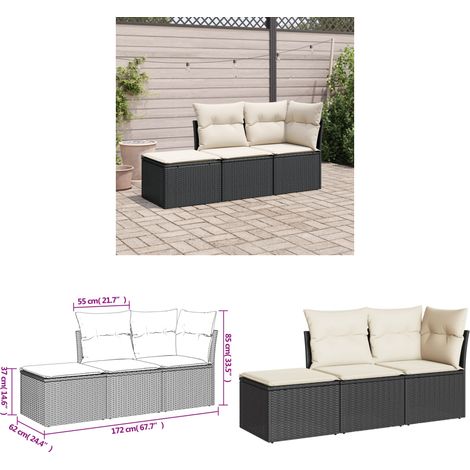 Salon de jardin 3 pcs avec coussins noir résine tressée - Salon De Jardin - Mobilier Extérieur - Set Salon - Résine Tressée - Poufs - Home & Living