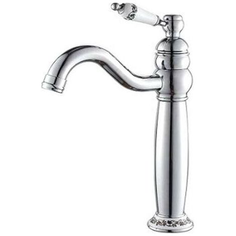 Mitigeur lavabo salle de bain design rétro, robinet monocommande mural en céramique fleurie, mélangeur haut vintage classique pour vasque, finition dorée (1/4)