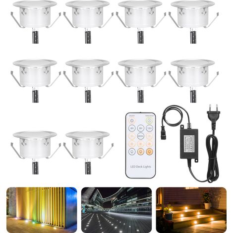 Conjunto de 10 focos LED empotrables para terraza con control, iluminación exterior para suelos, intensidad regulable, 3 efectos de luz diferentes, temporizador de 3 etapas (4, 8 y 12 horas) y función (1/5)