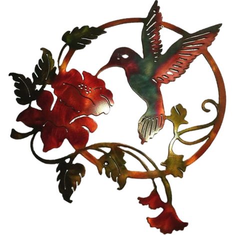 Mur métal artistique, Roundé Décor mural silhouette Branche d'arbre Oiseau, Diamètre 30cm Coloris Rouge Jaune Brun, 1 Pièce (1/5)