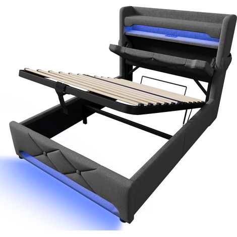 Cama canapé 90x200 cm gris efecto lino con LED 360°, USB-C, almacenaje y colchón HOMVRA (1/5)
