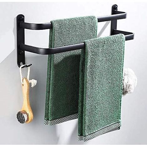 Porte Serviettes Salle de Bains, Noir Barres Porte Serviettes Mural Adhesif pour Douche et Cuisine, Étanche Barres Porte avec Crochet (Deux tiges 50cm)