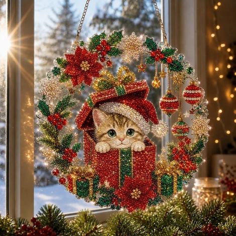 Nouvelle peinture diamant de Noël attrape-soleil - Chaton - 20 cm