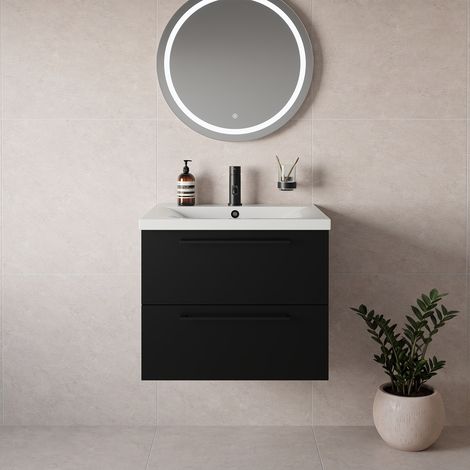 Napoli 460 Matt Black 600mm Wall Mounted 2 Drawer Vanity Unit with Glide Basin - 600mm - Matt Black 320mm Handle