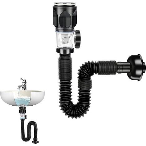 Abflussrohre für Waschbecken mit Überlauflöchern, einschließlich Klappenverschlussstopfen und flexiblen Siphonrohren. (1/5)