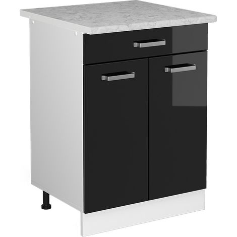 Unterschrank R-Line, Schwarz Hochglanz, 60 cm mit Schubladen, Vicco