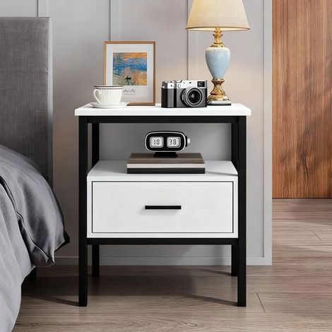 Table de chevet blanche 48 x 40 x 66,3 cm – 1 tiroir, niche ouverte – Structure métal noir – Style contemporain – Home Nature Wohnkonzept (1/5)