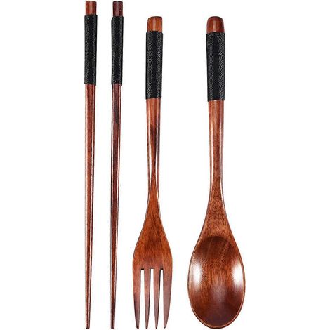Besteckset aus Holz, Essstäbchen, Löffel und Gabel mit schwarzem Zierfaden