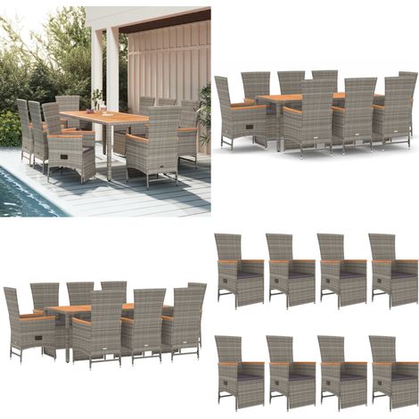 Set da Pranzo da Giardino 9 pz con Cuscini in Polyrattan Grigio - Sedie da giardino reclinabili - Tavolo da giardino