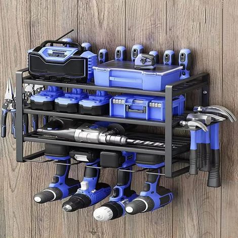 Porte-outils mural en métal 4 niveaux 4 emplacements, support pour perceuse, rangement garage atelier, dimensions 40 x 20 x 31 cm (1/5)