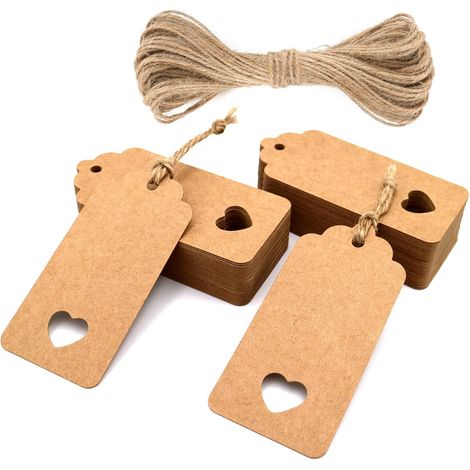 Étiquette Cadeaux en Papier Kraft 9,5x4,5cm, 100PCS et Ficelle de Jute, pour les cadeaux de Mariage Saint Valentin Anniversaire Noël (Marron)