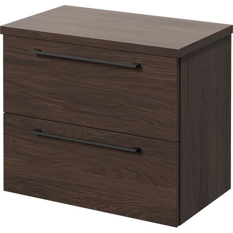 Napoli 390 Brown Oak 600mm Wall Mounted 2 Drawer Vanity Unit for Countertop Basins - 600mm - Gunmetal Grey 320mm Handle