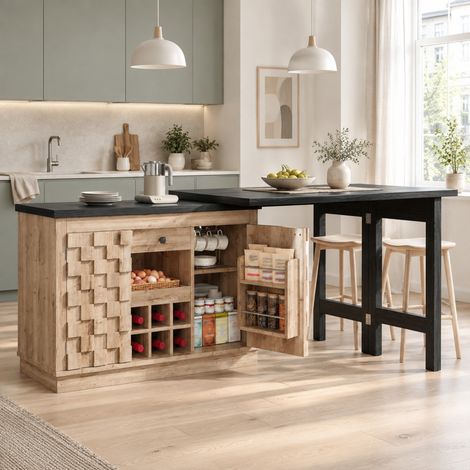 Meuble cuisine pivotant 120-197 cm avec range-bouteilles, tiroirs, MDF HAVRYA (1/5)