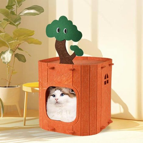 Cat House, Cat Cave Bed for Indoor, 1/2-Storey Large Felt Covered Clawsable Enclosed Houses with Interactive Ball & 2 Washable Detachable Mat, 14.57" X 14.57" X 23.62" (Orange, Large) (1/5)