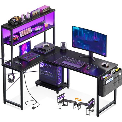 L-Shaped Gaming Desk with LED Lights and Power Outlet Reversible Corner Computer Desk with Storage Shelves, Storage Bag and Hook for Home Office (1/5)
