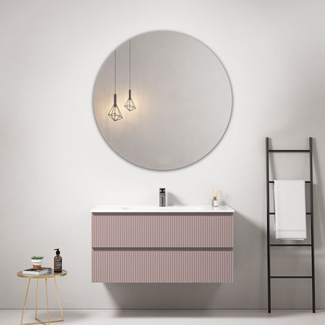 Mobile bagno sospeso cannettato 100 cm Rosa Retro Lavabo in Ceramica Specchio Tondo - Fiji Paint