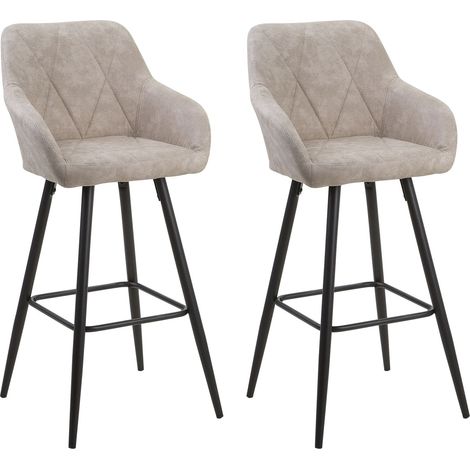 Beliani – Lot de 2 tabourets de bar en tissu beige avec pieds en métal noir – Hauteur d'assise 74 cm – Dossier et accoudoirs confortables – Style rétro glamour