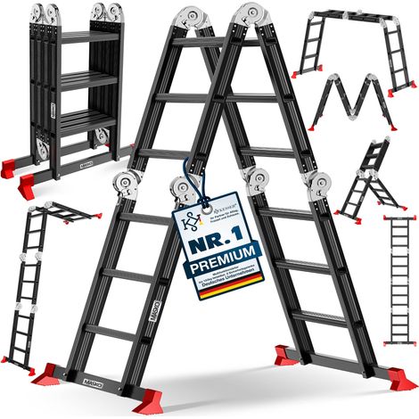MASKO® Mehrzweckleiter Aluminium 6in1 - 4 x 3 Sprossen, Schwarz / Rot