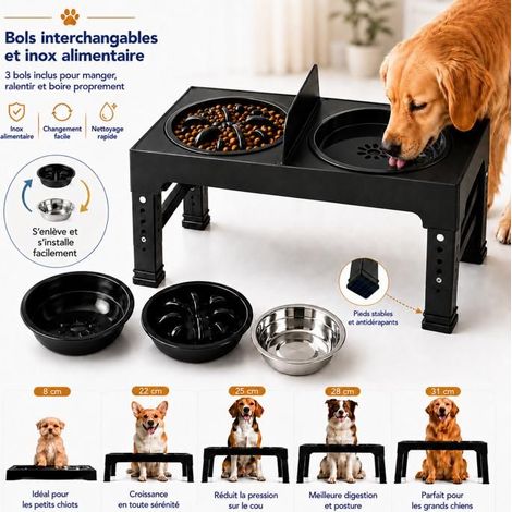 Gamelle pour Chien Surélevée,5 Hauteurs, 3 Bols (Inox, Lent, Anti-Éclaboussures), Support Gamelle Chien Petits Moyens Grands Chiens (1/5)