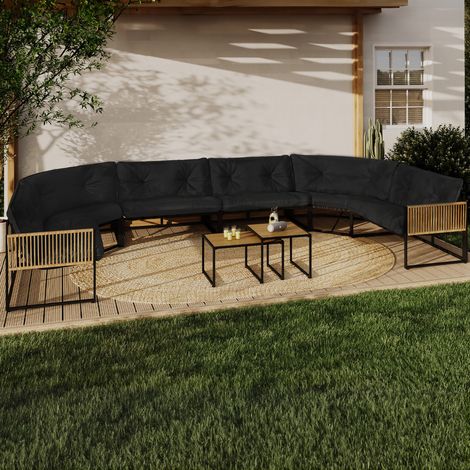 Conjunto de muebles bajos de jardín RIO de 12 plazas con estructura de metal negro y cordaje efecto ratán con cojines negros