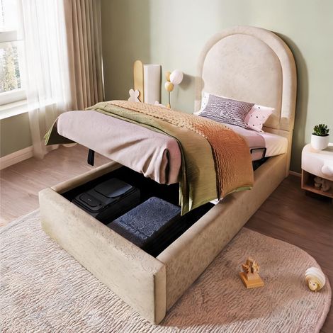 Cadre de lit beige en PU 206 x 91 x 120 cm (1/5)
