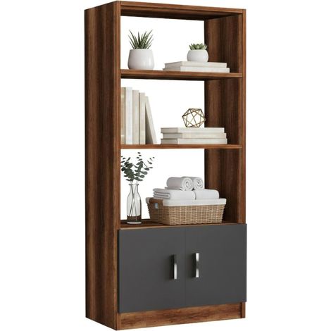 Libreria Patty, Biblioteca 3 Ripiani, 2 Ante, Installazione a Terra, 64x38x140h cm Marrone Noce